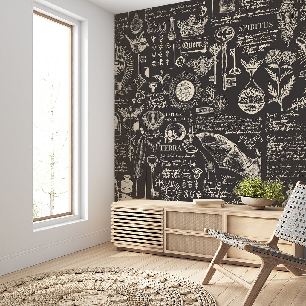 Alchemy Script Wallpaper : Vintage Manuscript Black Mural - View 3