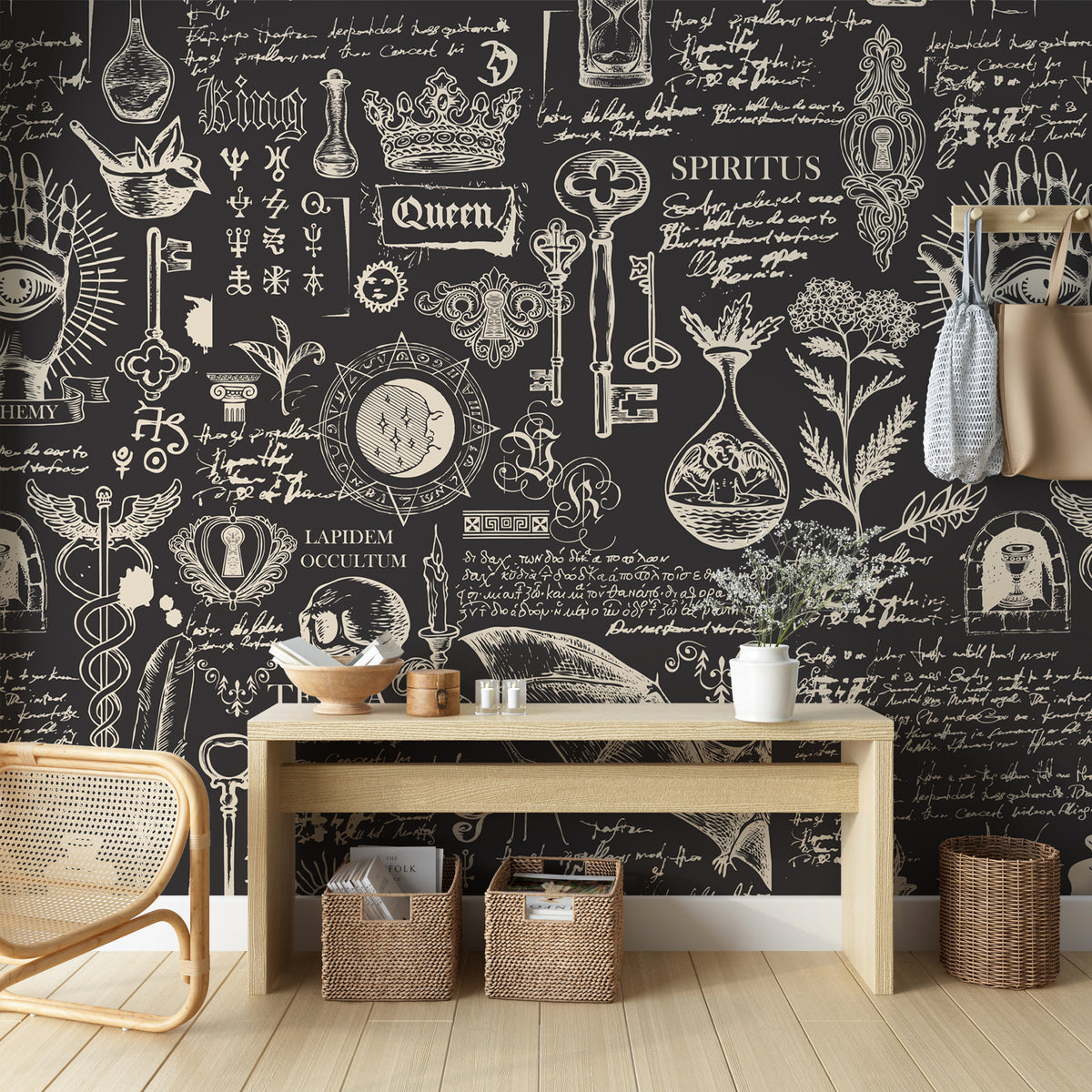 Alchemy Script Wallpaper : Vintage Manuscript Black Mural