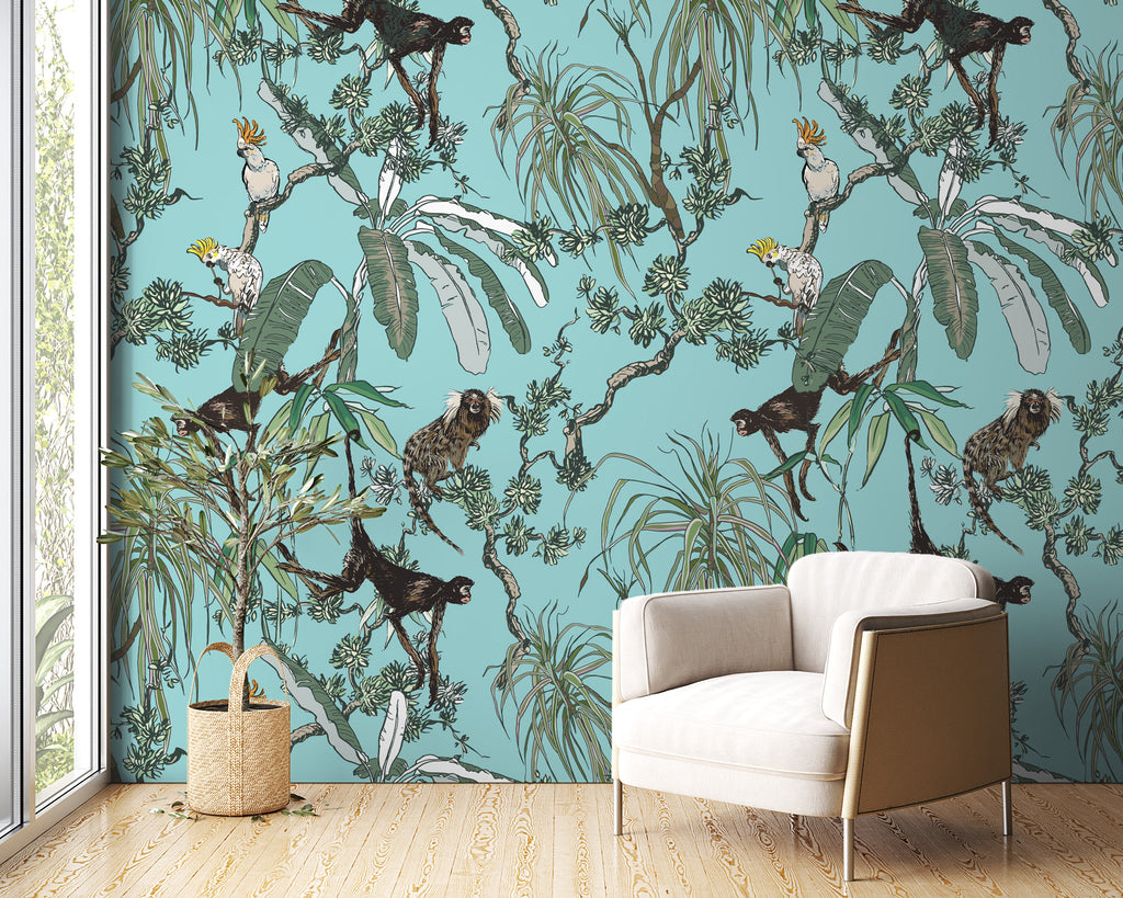 Monkey and Parrot Wallpaper : Aqua Tropical Jungle Pattern Mural