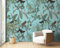 Monkey and Parrot Wallpaper : Aqua Tropical Jungle Pattern Mural