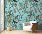 Monkey and Parrot Wallpaper : Aqua Tropical Jungle Pattern Mural