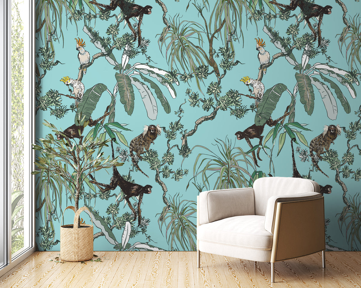 Monkey and Parrot Wallpaper : Aqua Tropical Jungle Pattern Mural