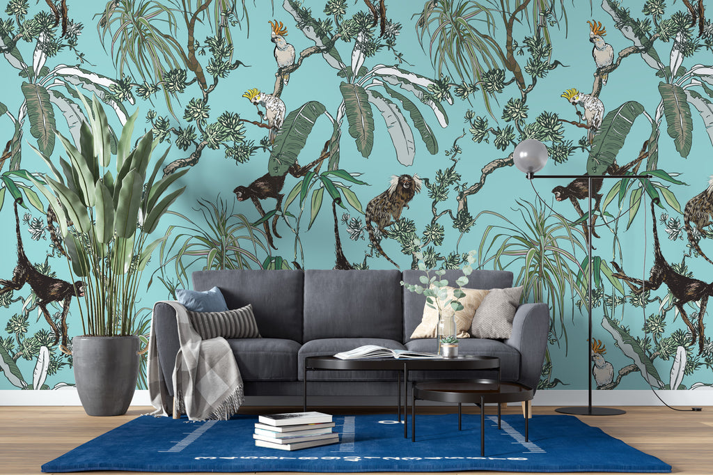 Monkey and Parrot Wallpaper : Aqua Tropical Jungle Pattern Mural - View 2