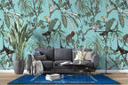 Monkey and Parrot Wallpaper : Aqua Tropical Jungle Pattern Mural - View 2