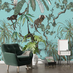 Monkey and Parrot Wallpaper : Aqua Tropical Jungle Pattern Mural - View 3