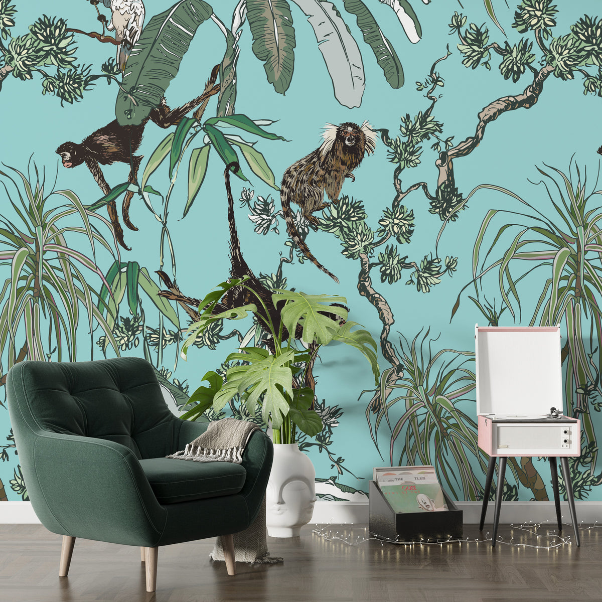 Monkey and Parrot Wallpaper : Aqua Tropical Jungle Pattern Mural - View 3