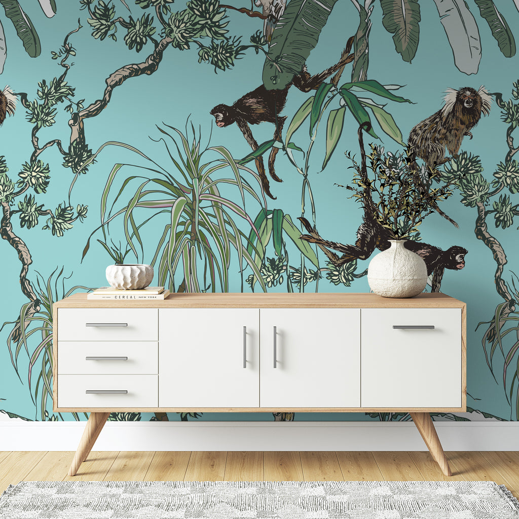Monkey and Parrot Wallpaper : Aqua Tropical Jungle Pattern Mural - View 4