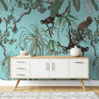 Monkey and Parrot Wallpaper : Aqua Tropical Jungle Pattern Mural - View 4