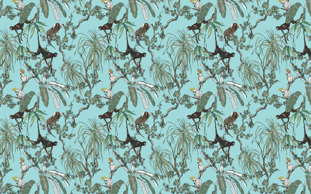 Monkey and Parrot Wallpaper : Aqua Tropical Jungle Pattern Mural - flat design