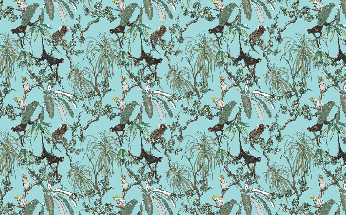 Monkey and Parrot Wallpaper : Aqua Tropical Jungle Pattern Mural - flat design