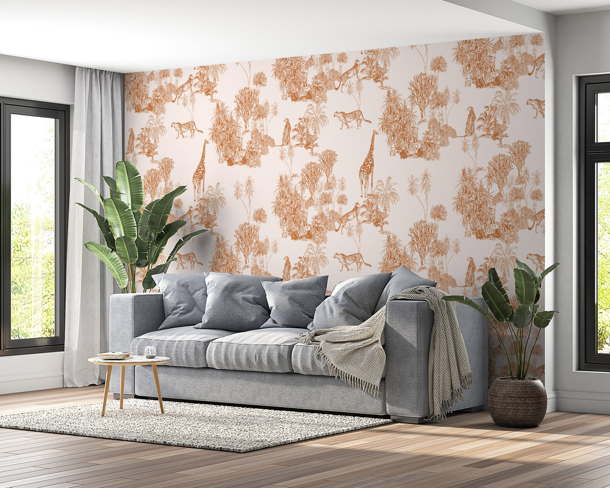 Terracotta Safari Toile Wallpaper : Giraffe and Leopard Pattern Mural - View 2