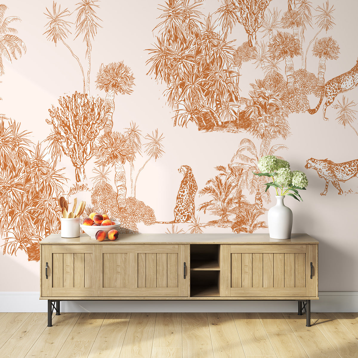 Terracotta Safari Toile Wallpaper : Giraffe and Leopard Pattern Mural - View 3