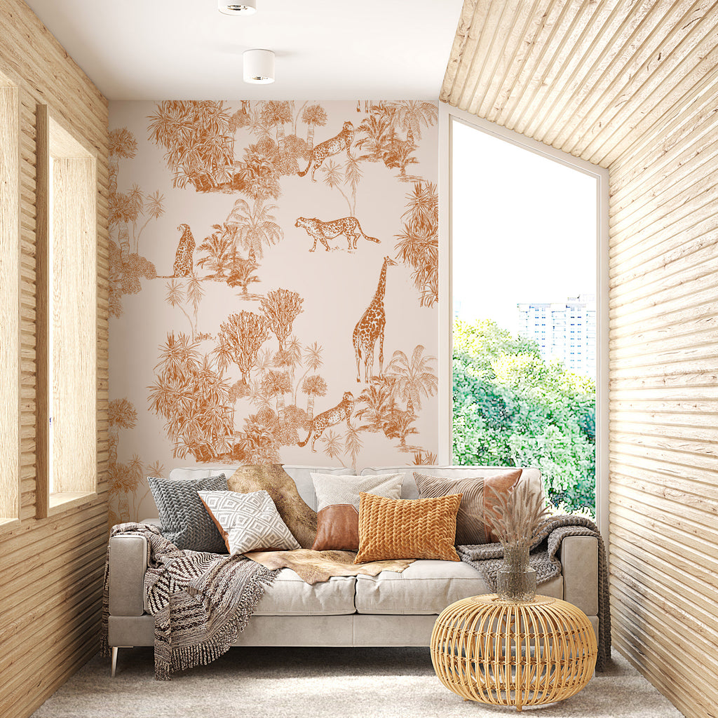 Terracotta Safari Toile Wallpaper : Giraffe and Leopard Pattern Mural - View 4