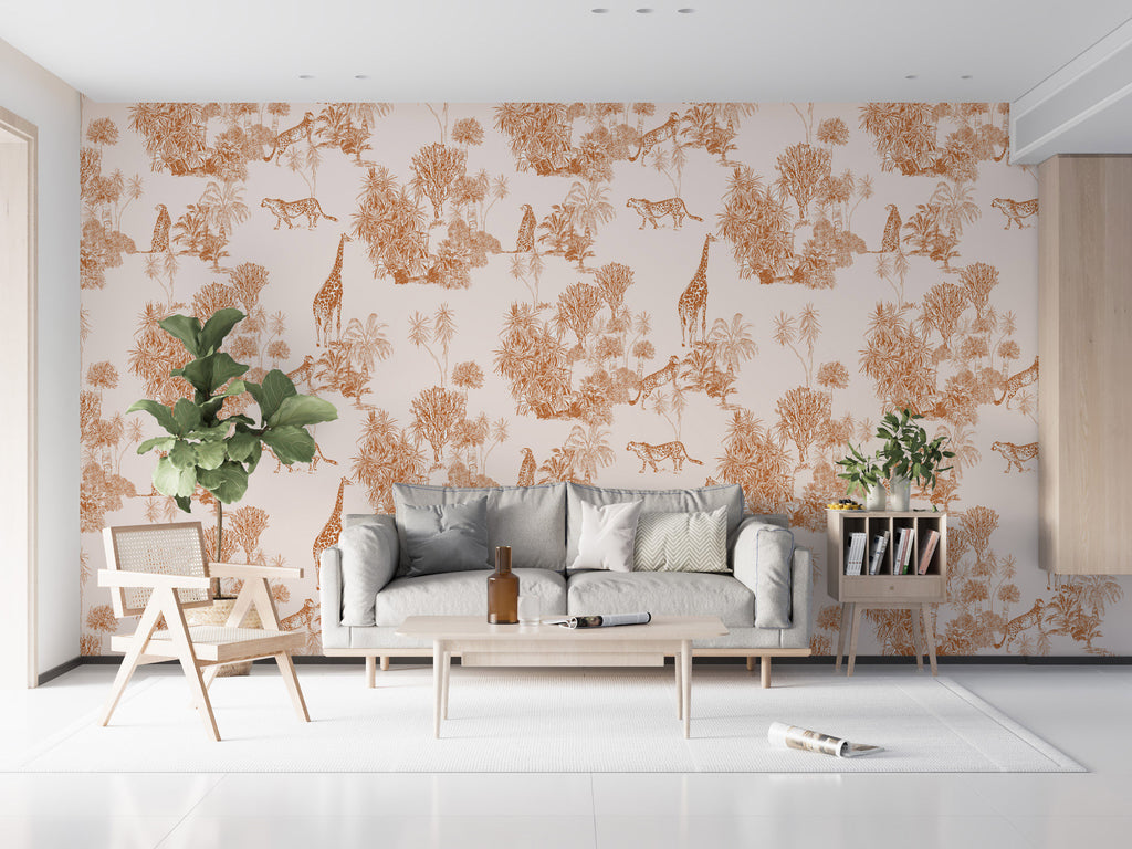Terracotta Safari Toile Wallpaper : Giraffe and Leopard Pattern Mural
