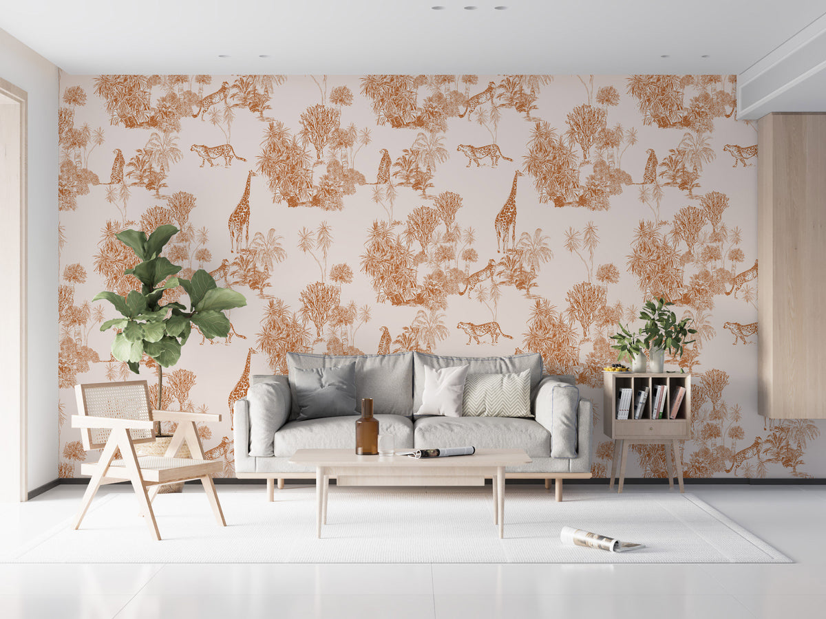 Terracotta Safari Toile Wallpaper : Giraffe and Leopard Pattern Mural