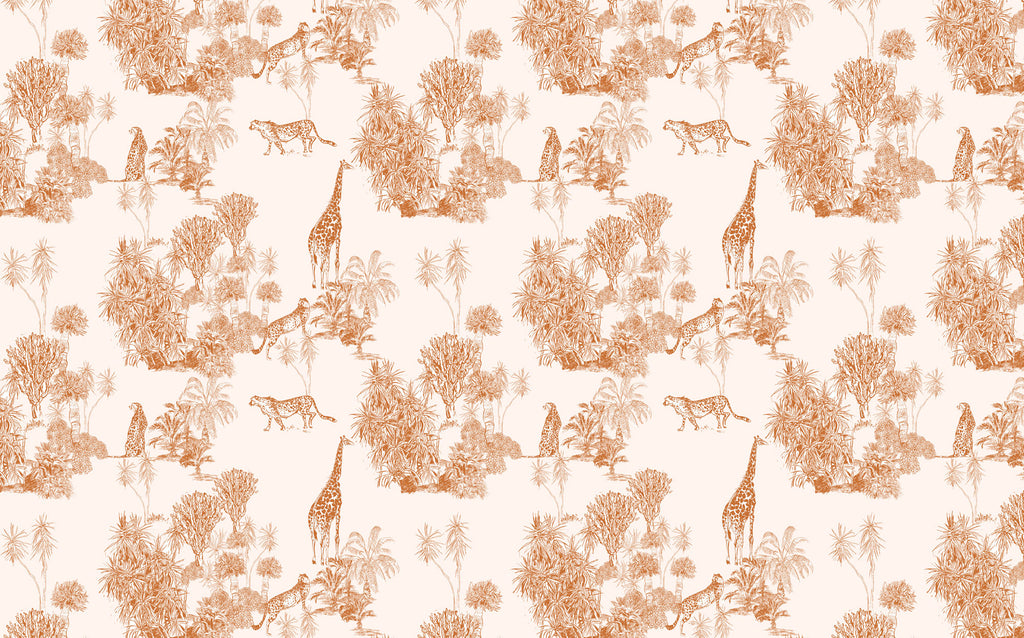 Terracotta Safari Toile Wallpaper : Giraffe and Leopard Pattern Mural - flat design