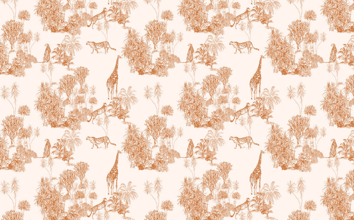 Terracotta Safari Toile Wallpaper : Giraffe and Leopard Pattern Mural - flat design