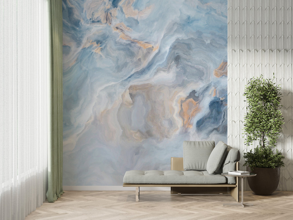 Smoky Blue Marble Wallpaper : Soft Stone Swirl Mural - View 2