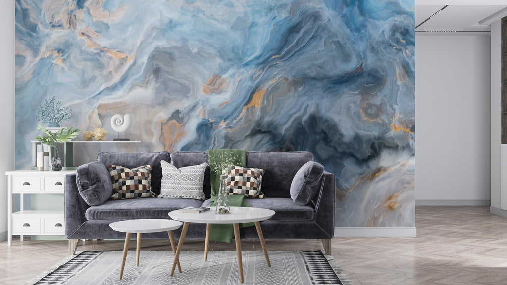 Smoky Blue Marble Wallpaper : Soft Stone Swirl Mural