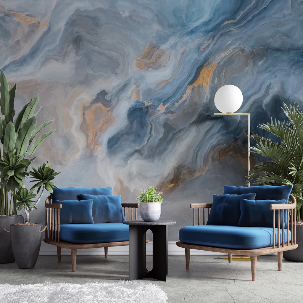Smoky Blue Marble Wallpaper : Soft Stone Swirl Mural - View 3