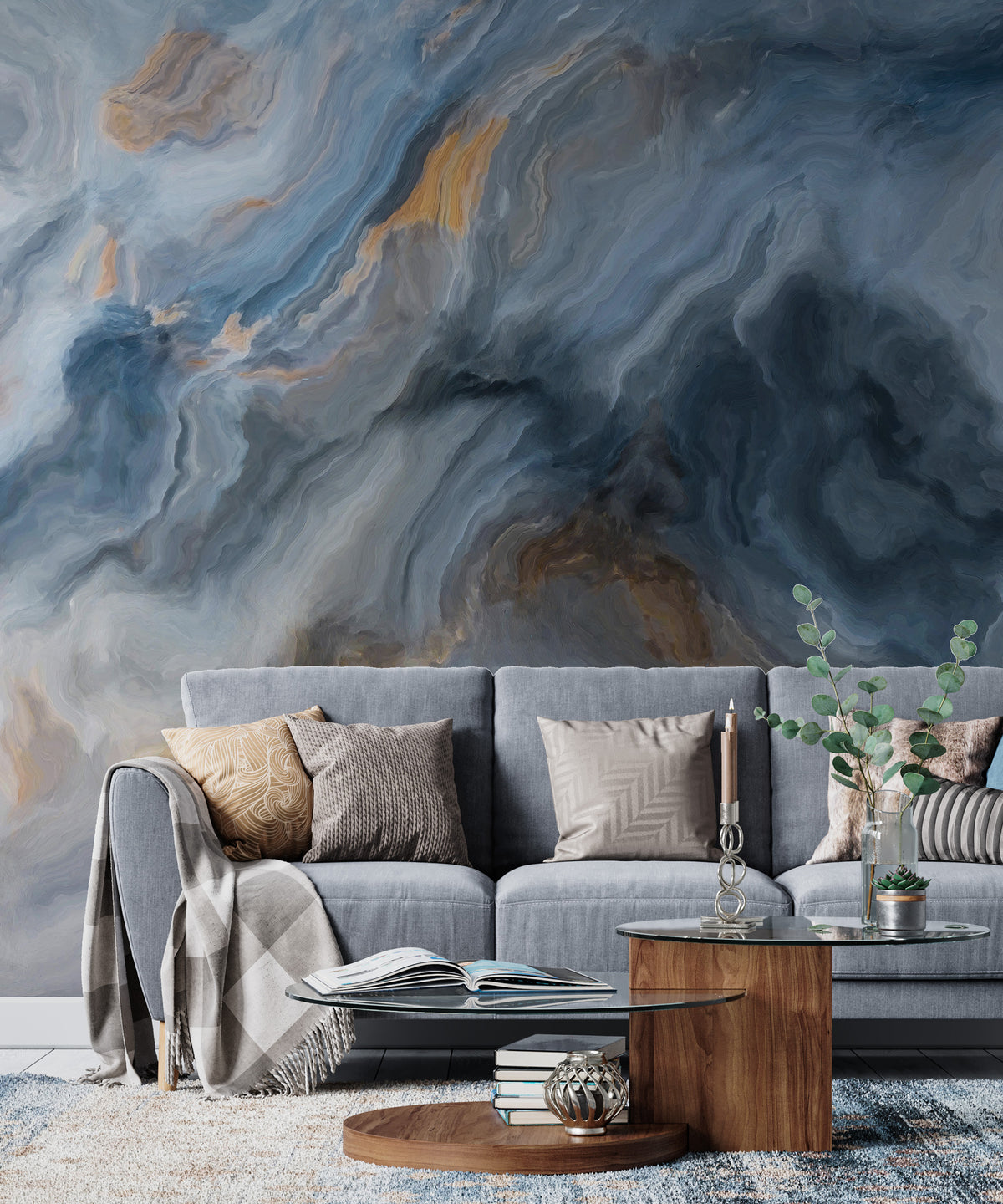 Smoky Blue Marble Wallpaper : Soft Stone Swirl Mural - View 4
