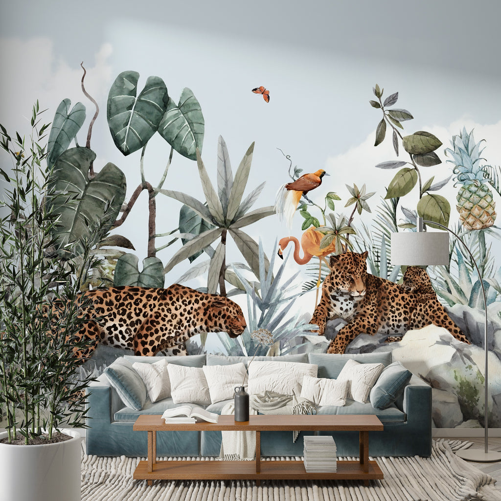 Leopard Jungle Wallpaper : Tropical Leaves and Rocks Mural - View 2