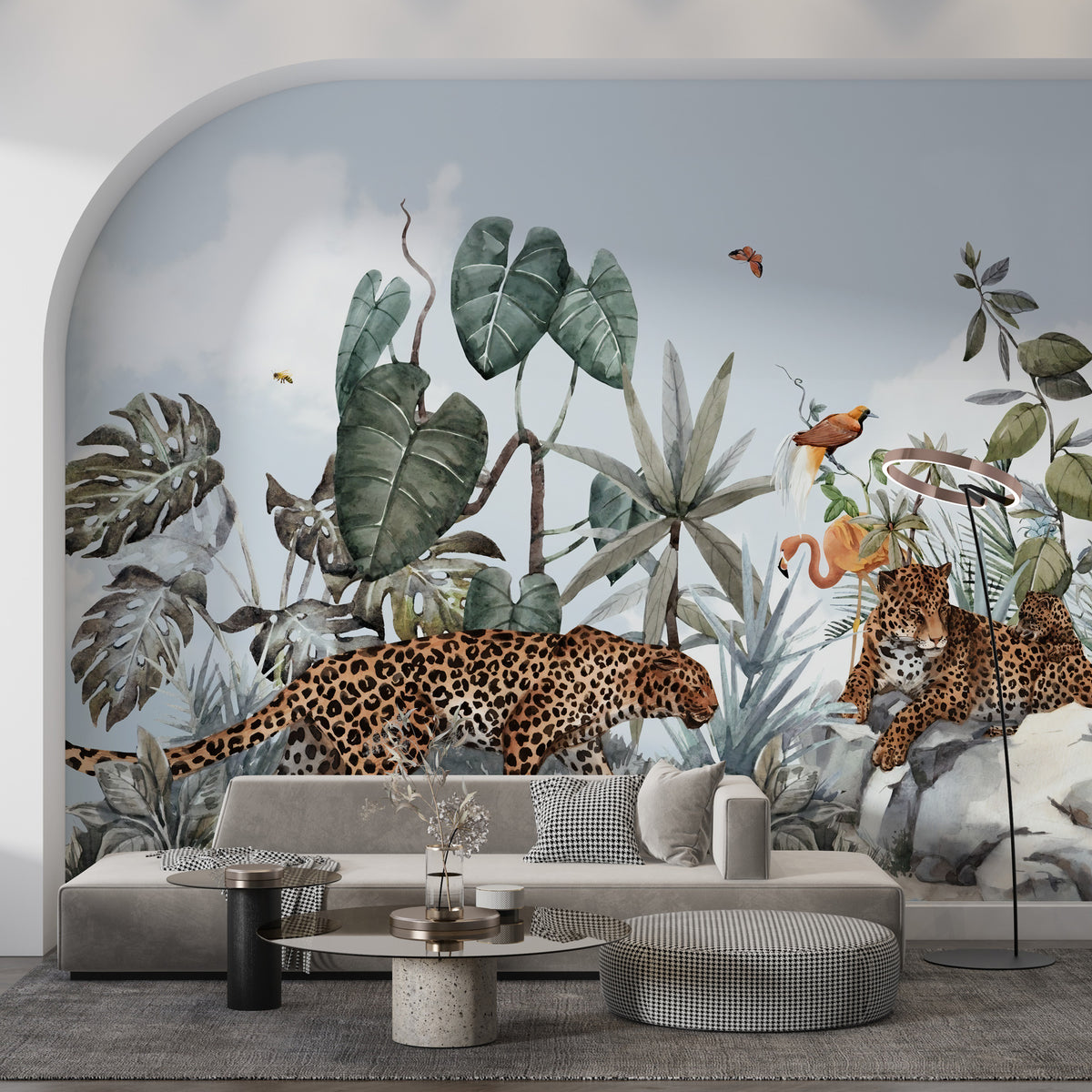 Leopard Jungle Wallpaper : Tropical Leaves and Rocks Mural - View 4