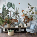 Leopard Jungle Wallpaper : Tropical Leaves and Rocks Mural