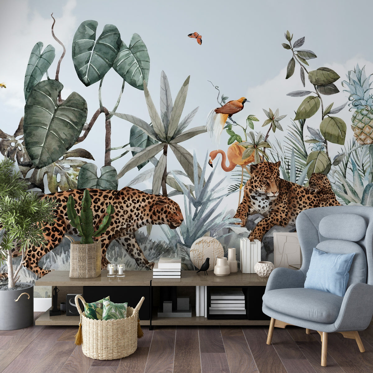 Leopard Jungle Wallpaper : Tropical Leaves and Rocks Mural