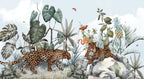 Leopard Jungle Wallpaper : Tropical Leaves and Rocks Mural - flat design