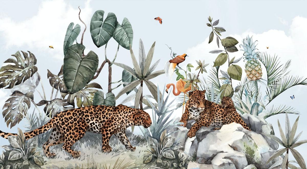 Leopard Jungle Wallpaper : Tropical Leaves and Rocks Mural - flat design