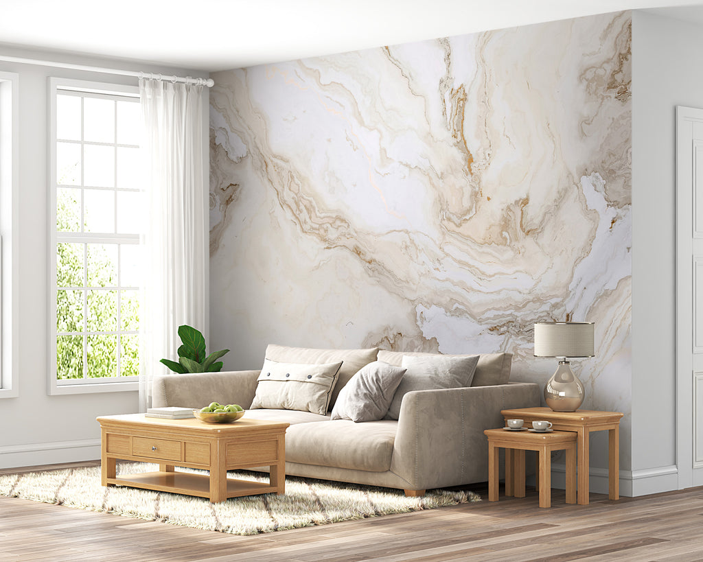 Beige White Marble Wallpaper : Soft Veined Stone Mural - View 2