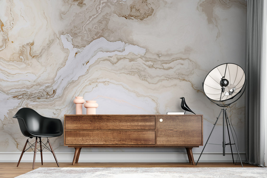 Beige White Marble Wallpaper : Soft Veined Stone Mural - View 3