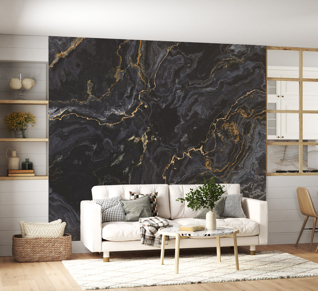 Black and Gold Marble Wallpaper : Dark Stone Mural - View 3
