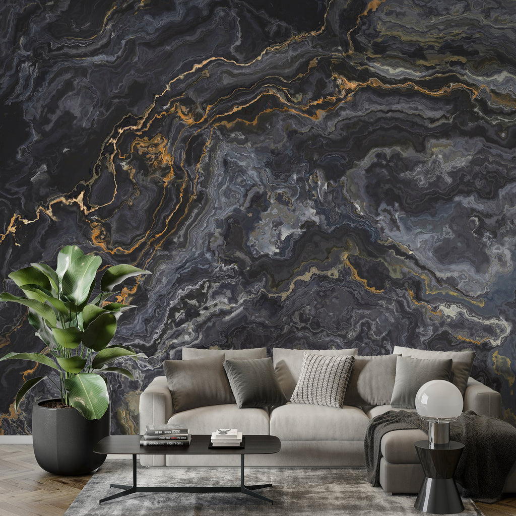 Black and Gold Marble Wallpaper : Dark Stone Mural - View 4