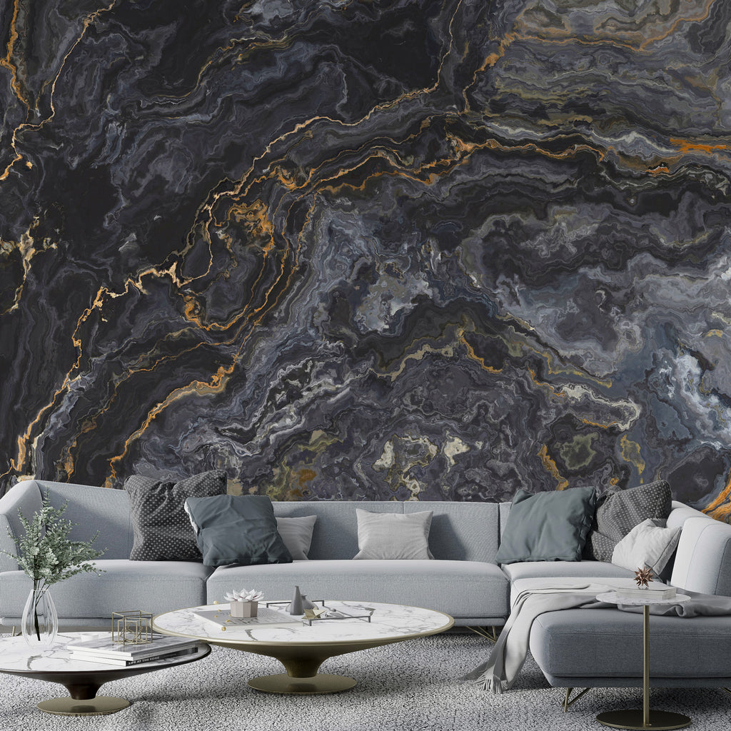 Black and Gold Marble Wallpaper : Dark Stone Mural - View 2