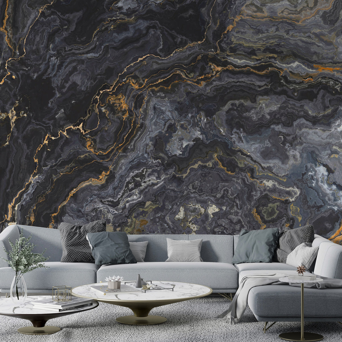Black and Gold Marble Wallpaper : Dark Stone Mural - View 2