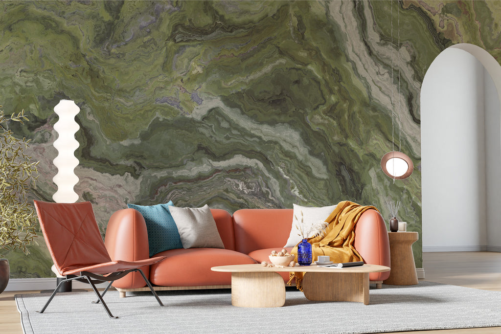 Green Onyx Marble Wallpaper : Olive Stone Pattern Mural - View 3
