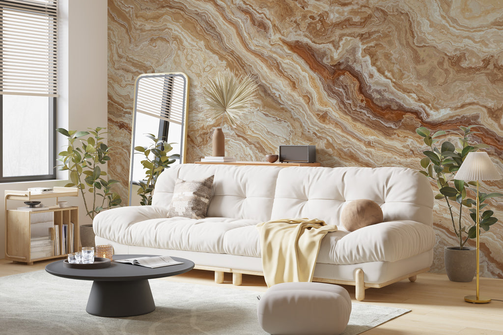 Caramel Onyx Marble Wallpaper : Beige Stone Pattern Mural - View 2