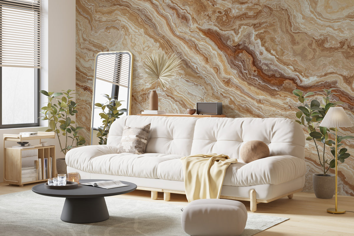 Caramel Onyx Marble Wallpaper : Beige Stone Pattern Mural - View 2