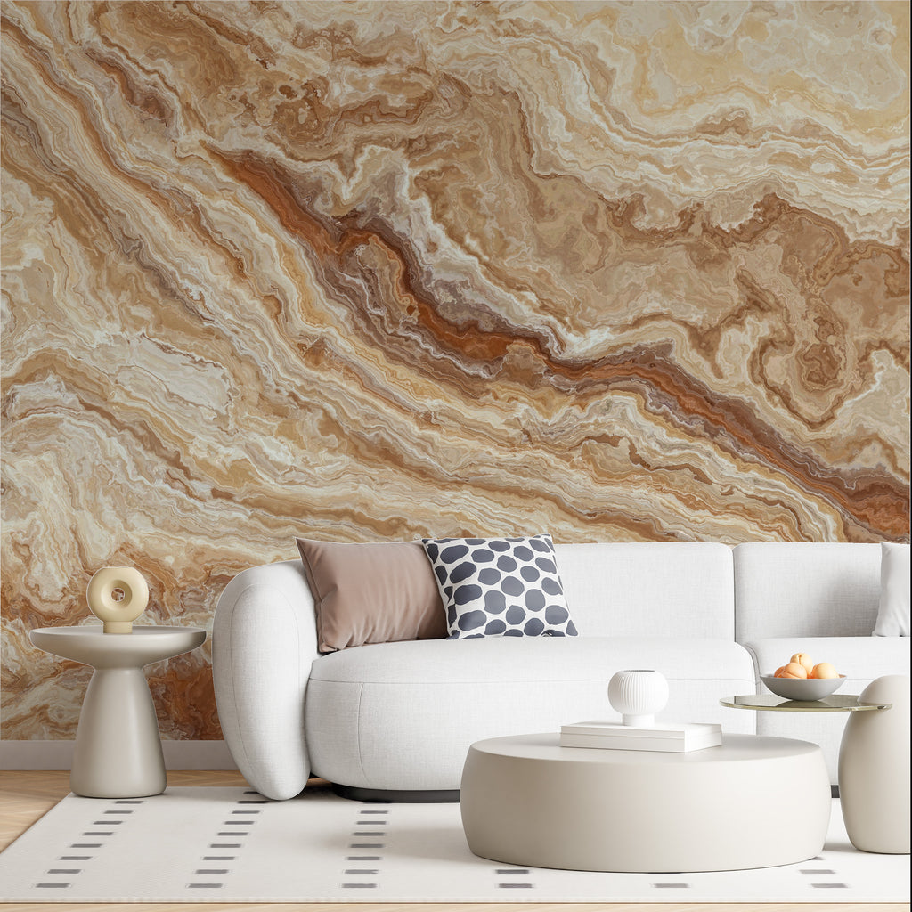 Caramel Onyx Marble Wallpaper : Beige Stone Pattern Mural