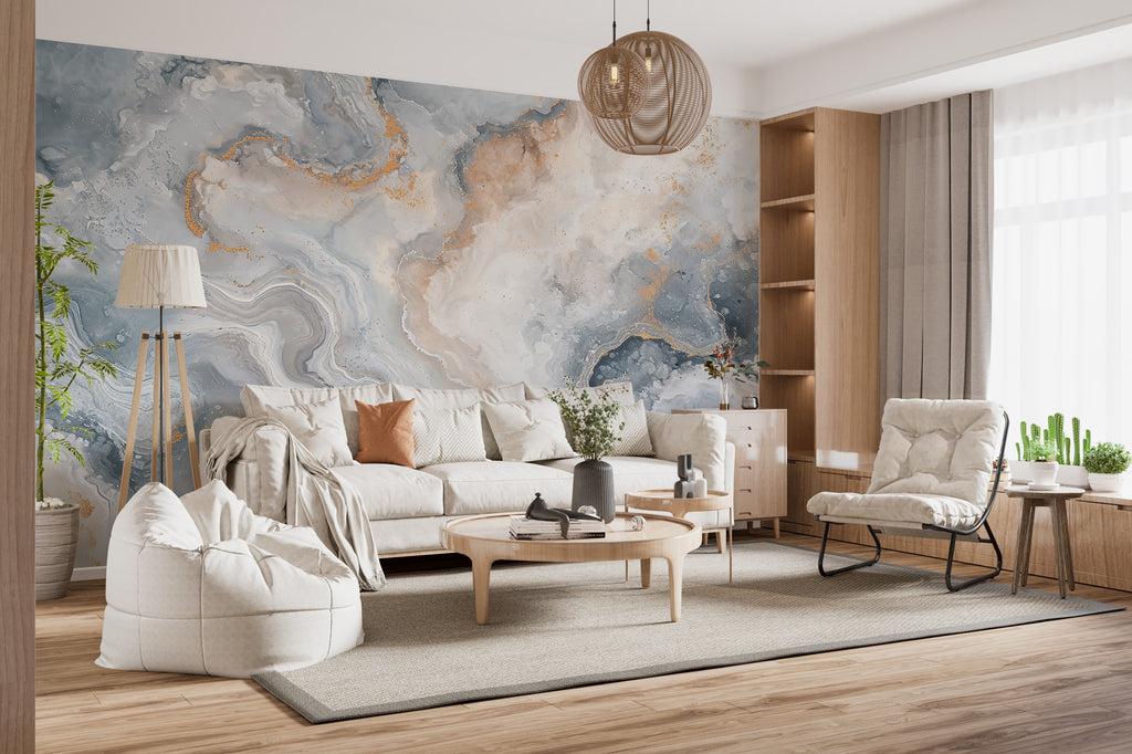 Blue Grey Marble Wallpaper : Gold Vein Stone Mural - View 2