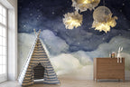 Night Sky Wallpaper : Full Moon over Watercolor Clouds Mural - View 2