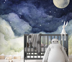 Night Sky Wallpaper : Full Moon over Watercolor Clouds Mural - View 3