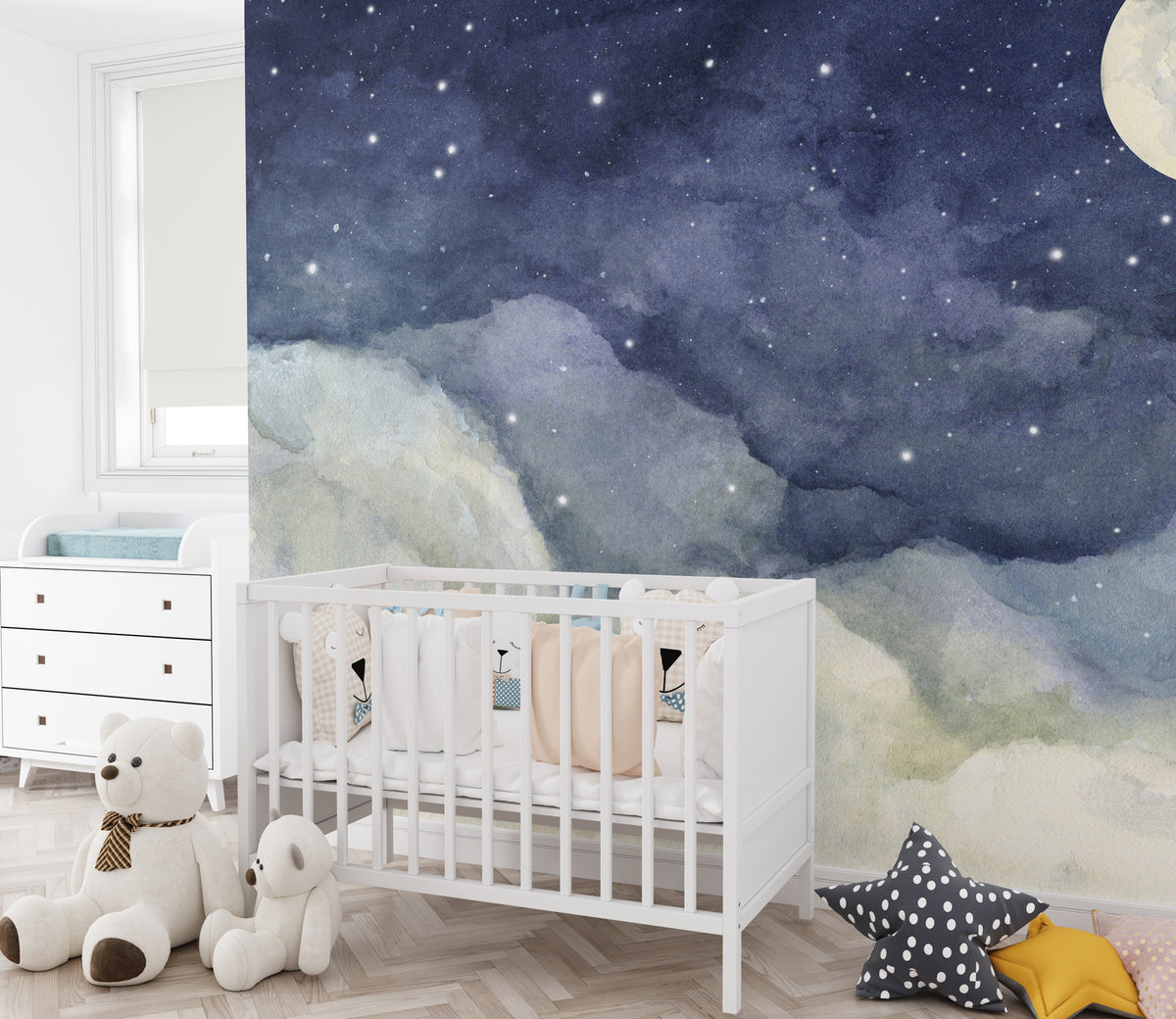 Night Sky Wallpaper : Full Moon over Watercolor Clouds Mural - View 4