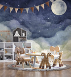 Night Sky Wallpaper : Full Moon over Watercolor Clouds Mural