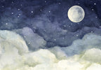 Night Sky Wallpaper : Full Moon over Watercolor Clouds Mural - flat design