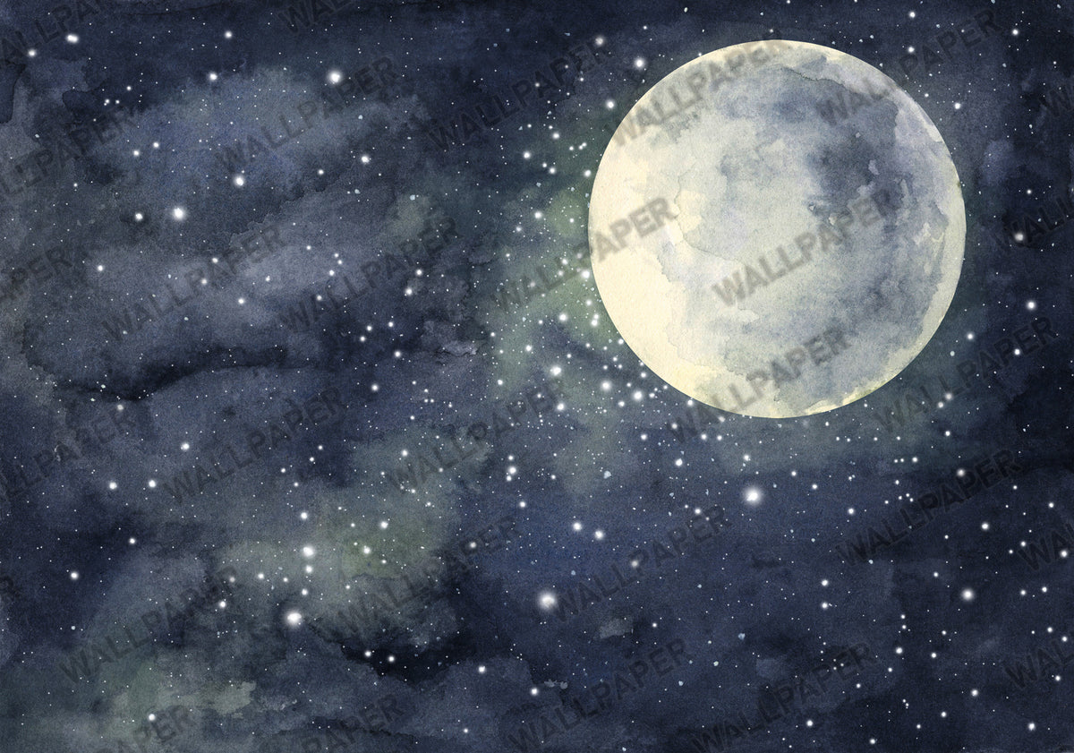 Watercolor Full Moon Wallpaper : Starry Night Sky Mural - View 2