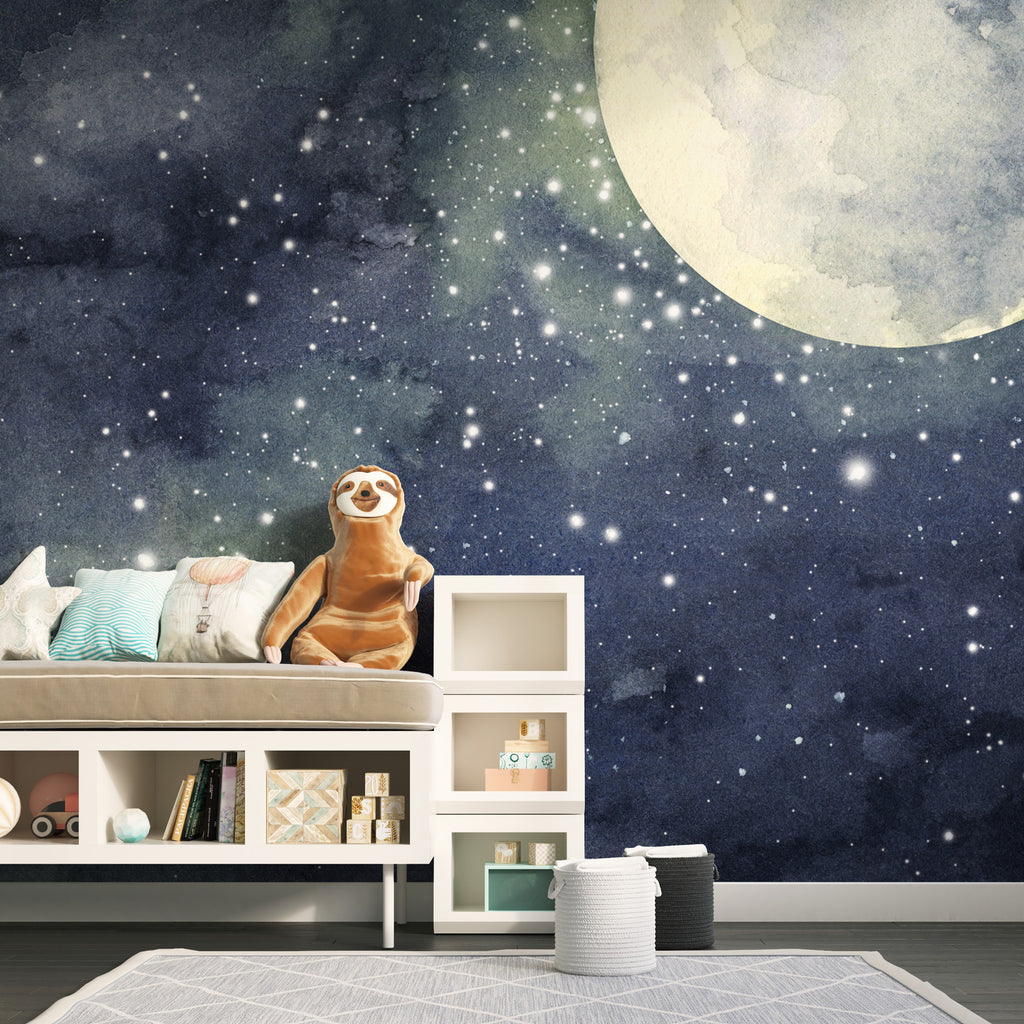 Watercolor Full Moon Wallpaper : Starry Night Sky Mural - View 6