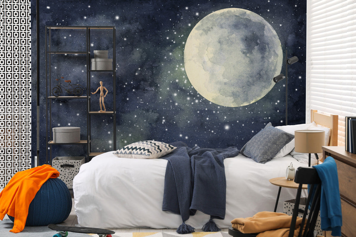 Watercolor Full Moon Wallpaper : Starry Night Sky Mural